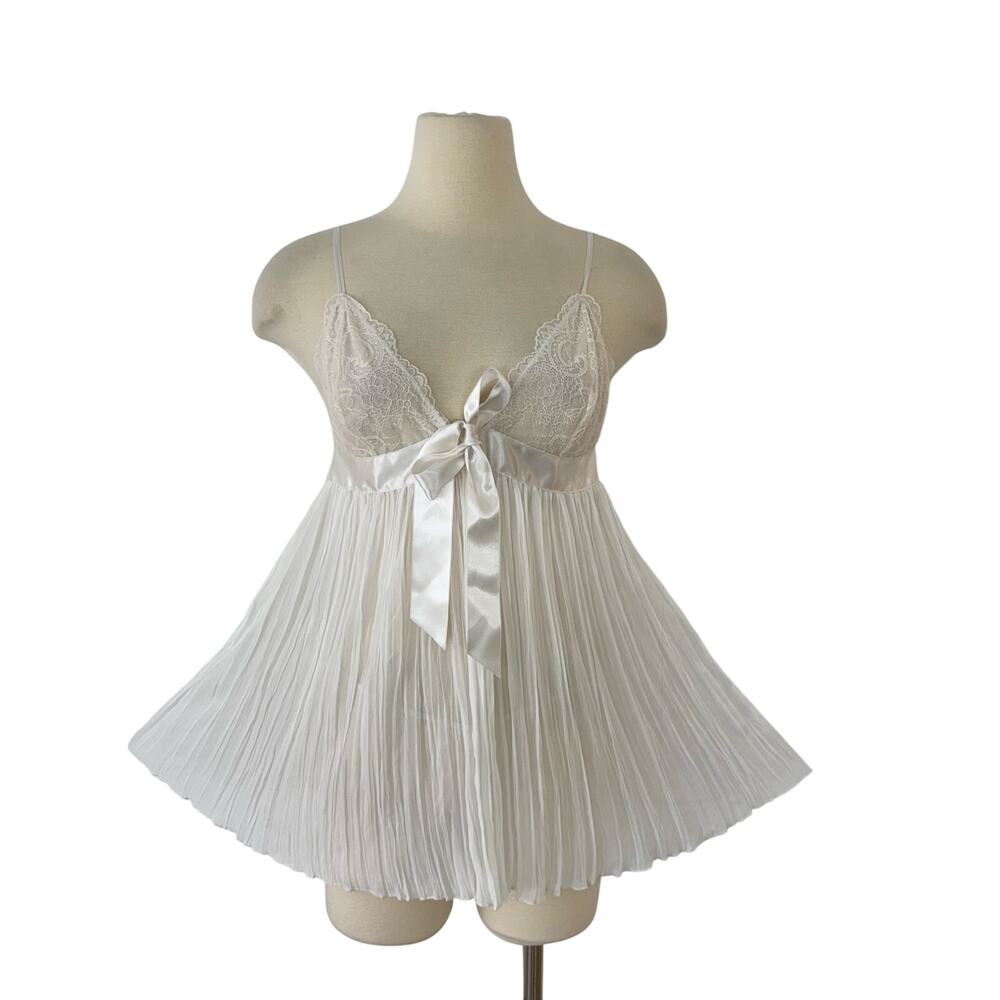 Victoria’s Secret White Satin Babydoll Slip Mini Dress Pleated Sheer Set L NWT